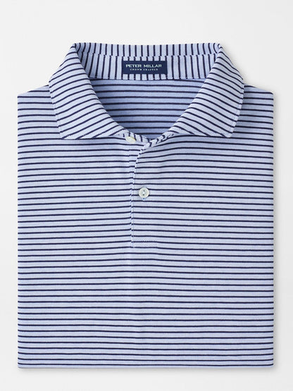 The Peter Millar Albatross Stripe Cotton-Blend Piqué Polo in Dusk Blue is a tailored short-sleeve polo with fine navy stripes and a soft cotton-blend fabric, featuring the "Peter Millar" label on the collar.