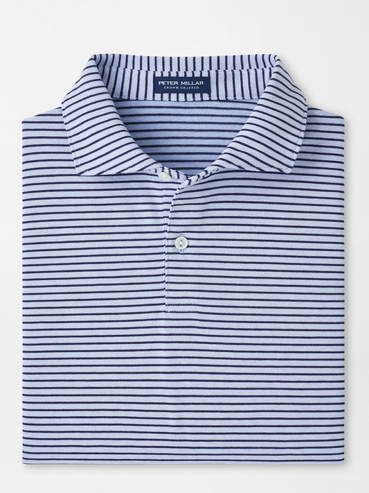 The Peter Millar Albatross Stripe Cotton-Blend Piqué Polo in Dusk Blue is a tailored short-sleeve polo with fine navy stripes and a soft cotton-blend fabric, featuring the "Peter Millar" label on the collar.