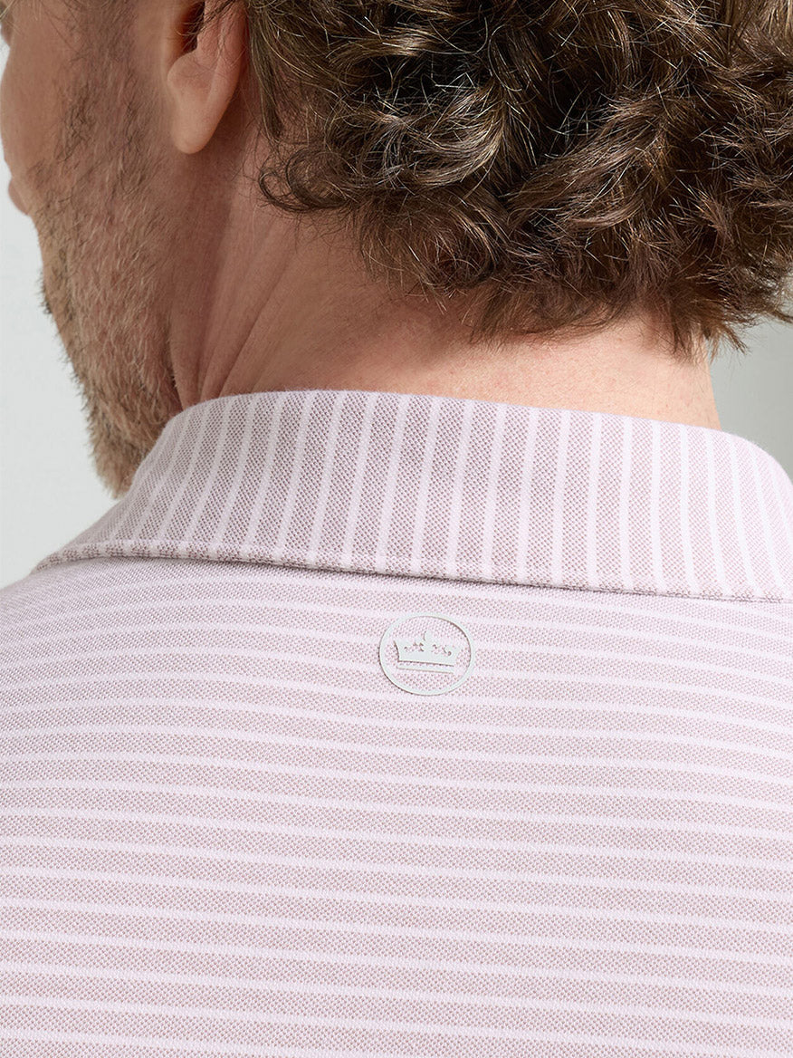 The image shows the back of a man wearing the Peter Millar Albatross Stripe Cotton-Blend Piqué Polo in Faded Scarlet, featuring light pink and white stripes and a small circular logo below the collar.