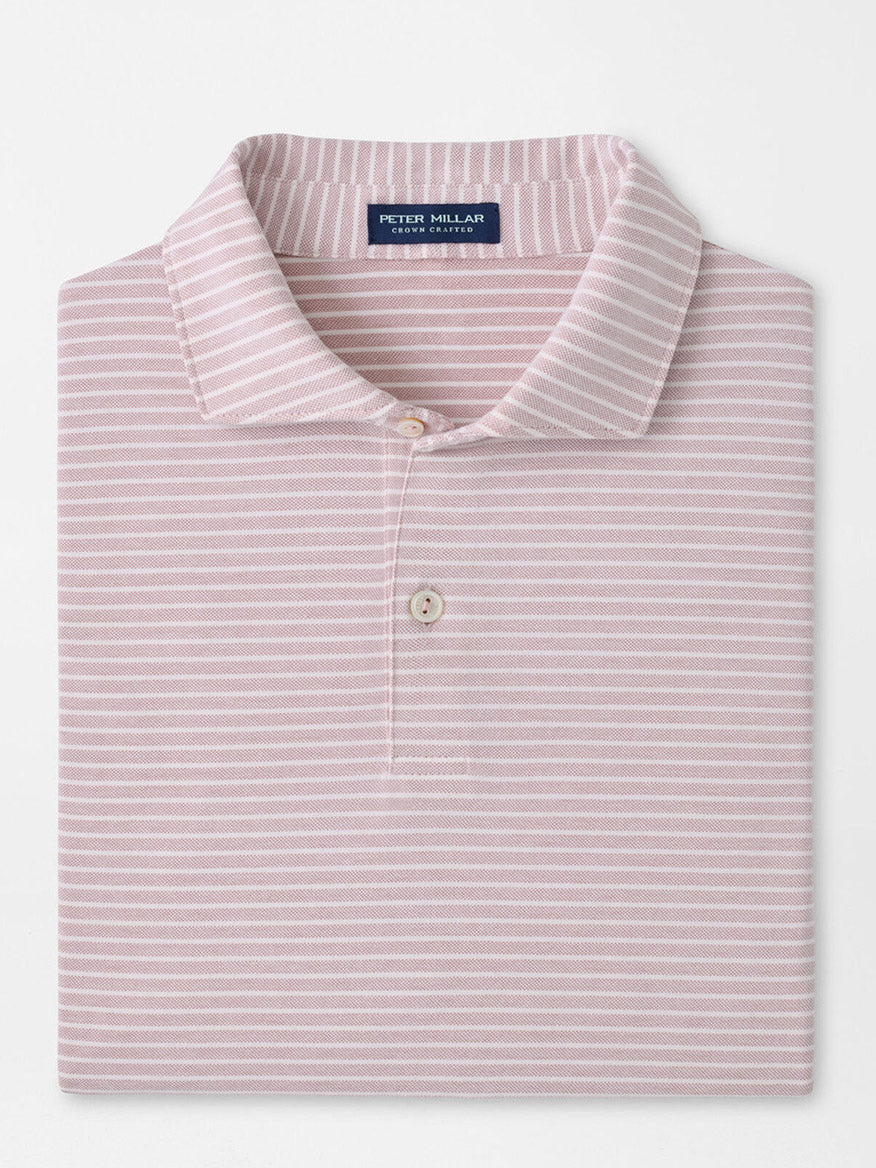 A folded Peter Millar Albatross Stripe Cotton-Blend Piqué Polo in Faded Scarlet, featuring thin white stripes and a branded label inside the collar.