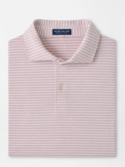 A folded Peter Millar Albatross Stripe Cotton-Blend Piqué Polo in Faded Scarlet, featuring thin white stripes and a branded label inside the collar.