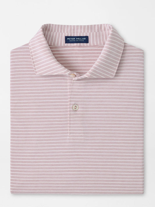 A folded Peter Millar Albatross Stripe Cotton-Blend Piqué Polo in Faded Scarlet, featuring thin white stripes and a branded label inside the collar.