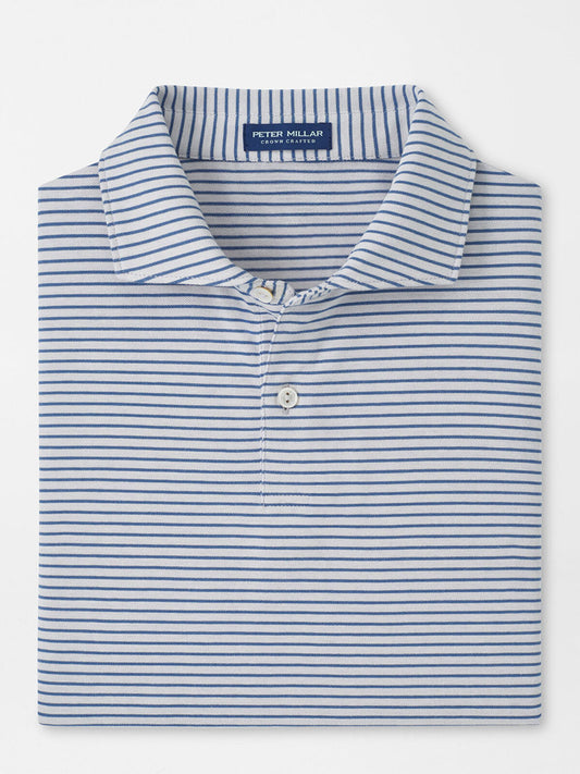 The Peter Millar Albatross Stripe Cotton-Blend Piqué Polo in Gale Grey features short sleeves, a collar with two buttons, and a soft, striped design for comfortable style.