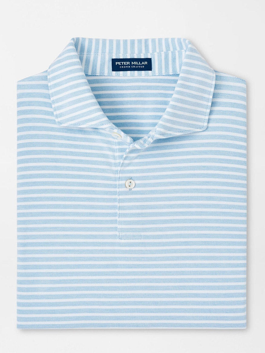 Folded Peter Millar Albatross Stripe Cotton Blend Piqué Polo in Blue Frost, featuring a light blue and white striped pattern, crafted with a collar, button-up front, and four-way stretch for enhanced comfort.