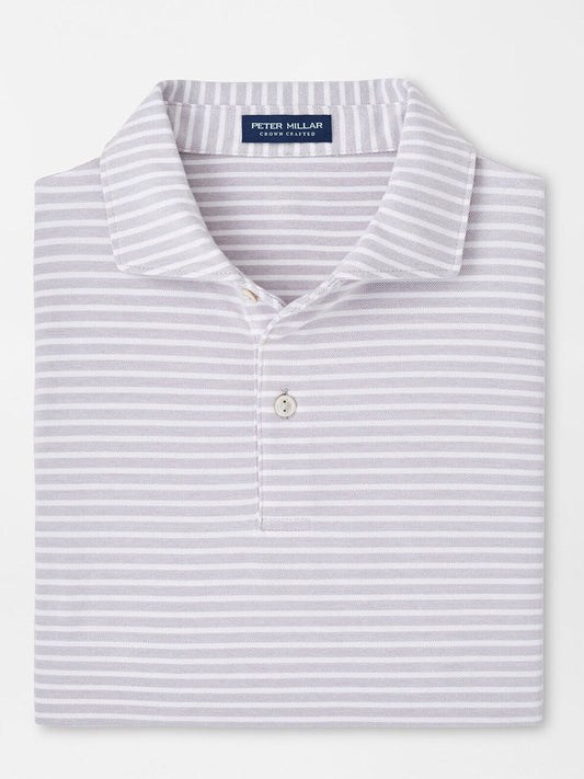 A neatly folded Peter Millar Albatross Stripe Cotton Blend Piqué Polo in Gale Grey, featuring gray and white stripes and a buttoned collar, is showcased on a pristine white background.