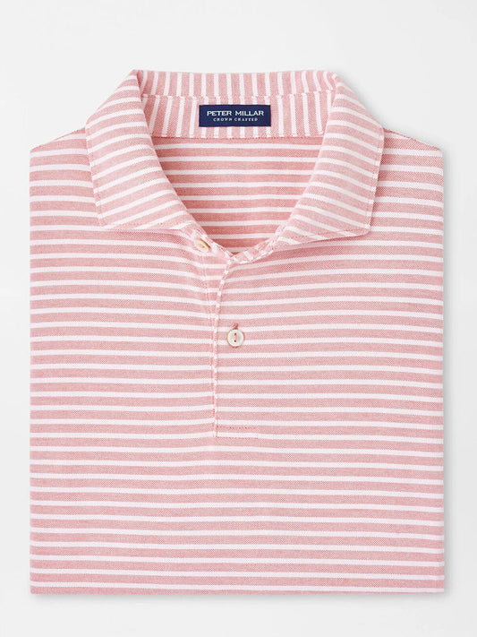 The Peter Millar Albatross Stripe Cotton Blend Piqué Polo in Scarlet Lily features a folded pink and white striped design, made from Pima cotton with a classic collar and button closure.