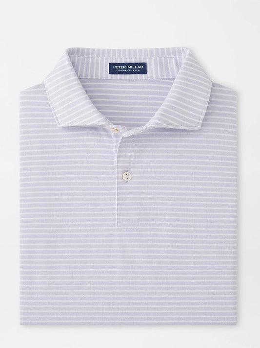 Folded Peter Millar Albatross Cotton Blend Piqué Polo in Lavender Moon, featuring a light gray and white striped collar and "Peter Millar" label on the inner collar.