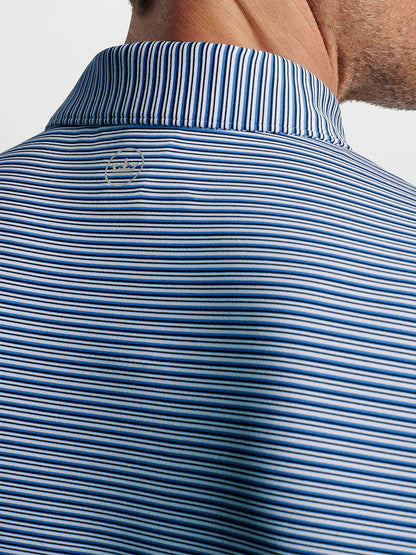 Close-up of a Peter Millar Alto Performance Jersey Polo in White/Navy collar from behind with UPF 50+ protection.