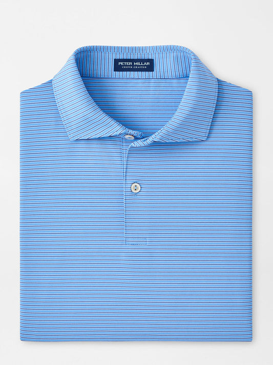 Regatta Blue striped Peter Millar Ambrose Performance Jersey polo shirt folded neatly with collar displayed.
