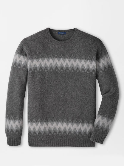 Peter Millar Après-Ski Crewneck Sweater in Fossil, a grey Merino cashmere crewneck with a charcoal and light grey zigzag pattern across the chest and cuffs.