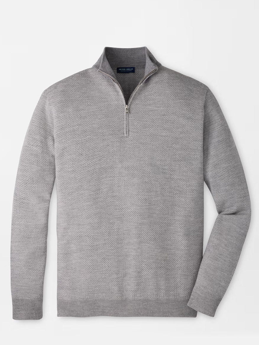 The Peter Millar Ashland Quarter-Zip Sweater in Gale Grey, a midweight pullover with a tailored fit, is shown laid flat against a white background.
