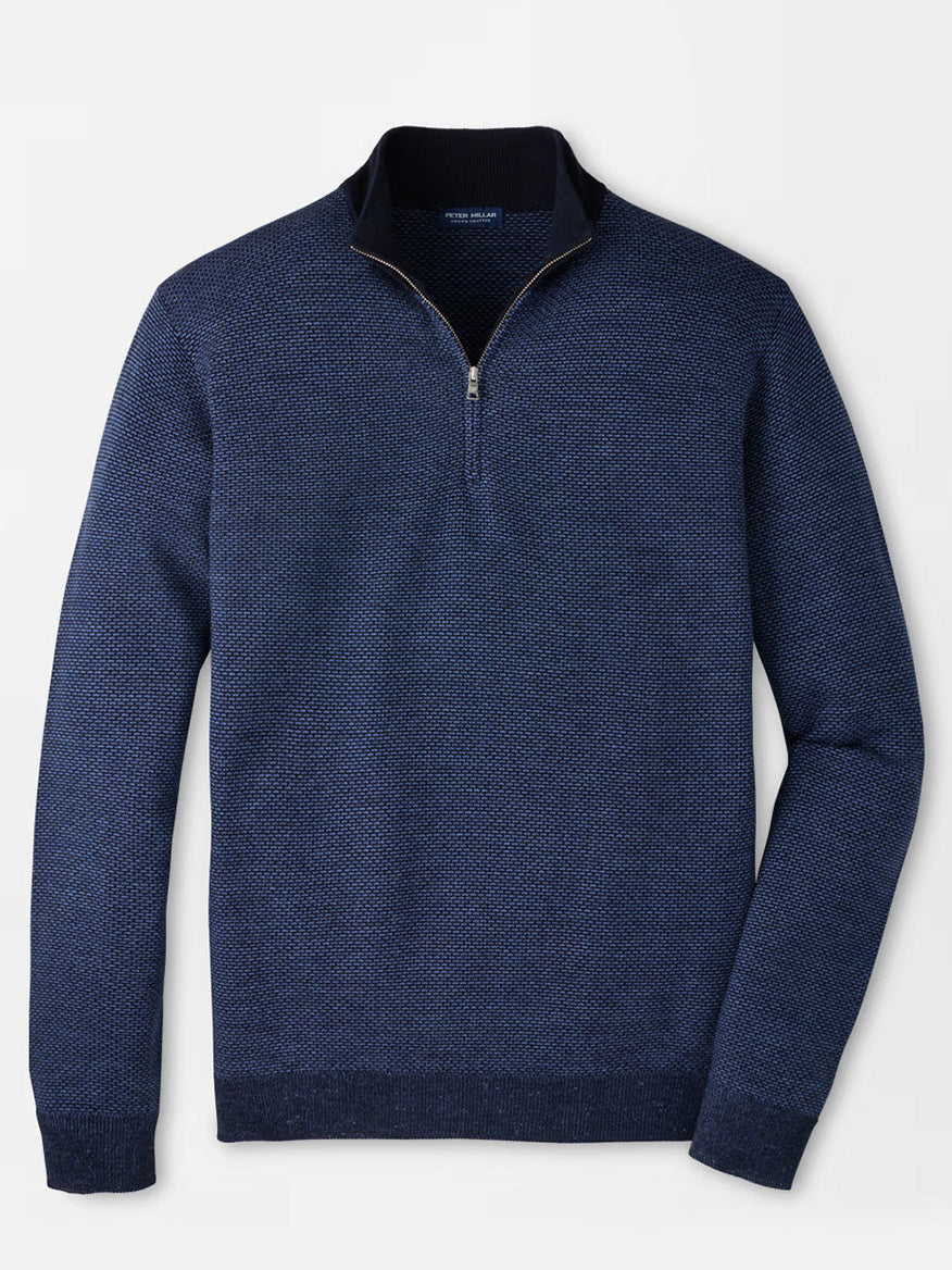 Peter Millar Ashland Quarter-Zip Sweater in Midnight Navy displayed on a white background features a refined jacquard pattern, tailored fit, long sleeves, and ribbed cuffs and hem.