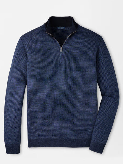Peter Millar Ashland Quarter-Zip Sweater in Midnight Navy displayed on a white background features a refined jacquard pattern, tailored fit, long sleeves, and ribbed cuffs and hem.
