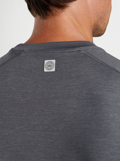 Man wearing a gray Peter Millar Aurora Performance T-shirt with a logo on the back near the collar.