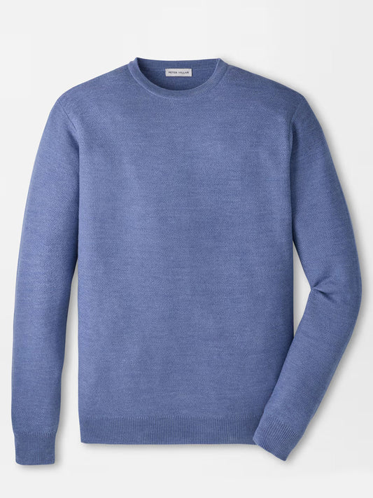 The Peter Millar Autumn Crest Honeycomb Crewneck Sweater in Blue Freesia features a classic fit and long sleeves, shown flat against a white background.