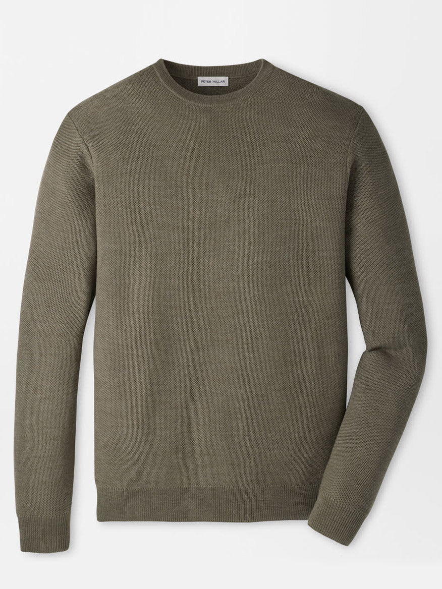 The Peter Millar Autumn Crest Honeycomb Crewneck Sweater in Fatigue is a classic-fit, long-sleeve crewneck featuring a subtle honeycomb texture, shown laid flat on a white background.