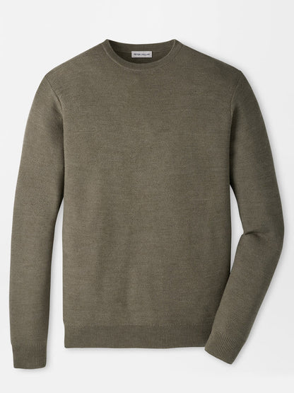 The Peter Millar Autumn Crest Honeycomb Crewneck Sweater in Fatigue is a classic-fit, long-sleeve crewneck featuring a subtle honeycomb texture, shown laid flat on a white background.