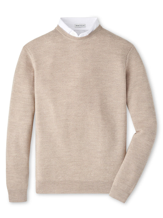 The Peter Millar Autumn Crest Honeycomb Crewneck Sweater in Light Elm, featuring a beige Merino wool design, is layered over a white collared shirt and laid flat on a white background.
