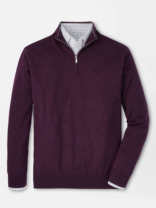 A Peter Millar Autumn Crest Quarter-Zip in Dark Plum, styled in a classic fit over a checkered collared shirt and set against a plain background.