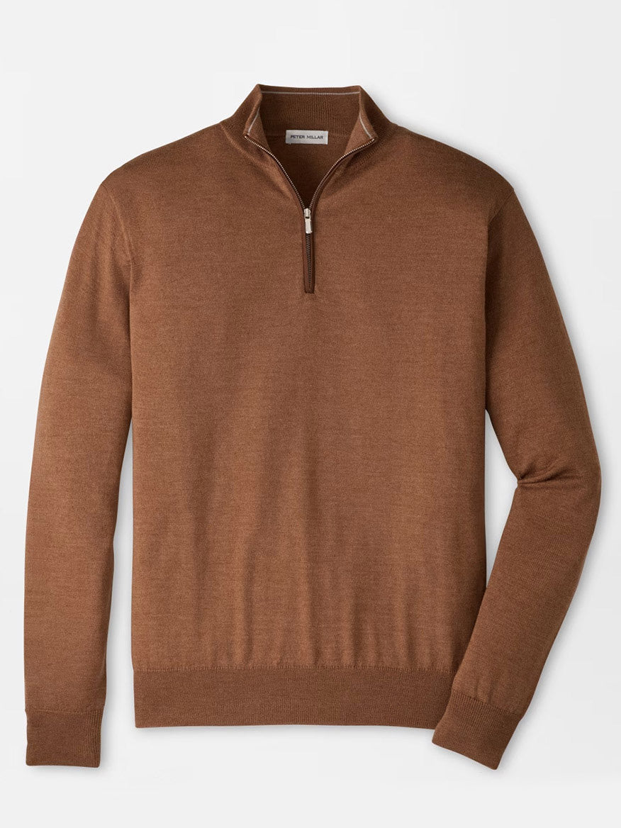 Peter Millar Autumn Crest Suede Trim Quarter-Zip in Dark Amber laid flat against a white background, featuring long sleeves, a visible collar tag, and a classic fit.