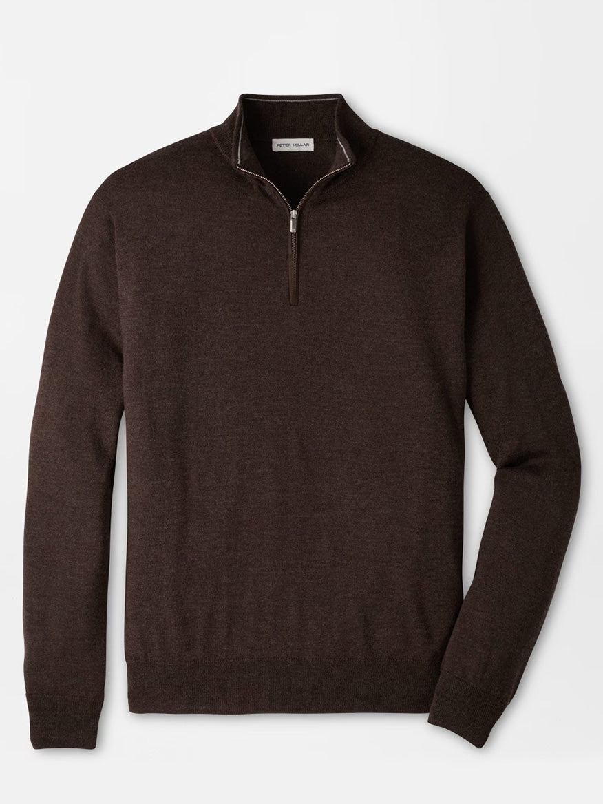 Peter Millar Autumn Crest Suede Trim Quarter-Zip in French Press, a dark brown lightweight Merino sweater with long sleeves, shown flat on a white background. This classic-fit sweater features a stand collar, ribbed cuffs and hem, and quarter-zip styling.