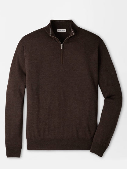 Peter Millar Autumn Crest Suede Trim Quarter-Zip in French Press, a dark brown lightweight Merino sweater with long sleeves, shown flat on a white background. This classic-fit sweater features a stand collar, ribbed cuffs and hem, and quarter-zip styling.