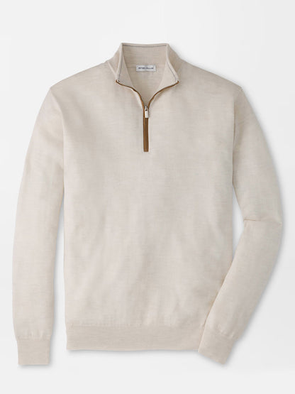An ivory Peter Millar Autumn Crest Suede Trim Quarter-Zip sweater featuring a stand collar and ribbed cuffs, displayed on a plain white background.
