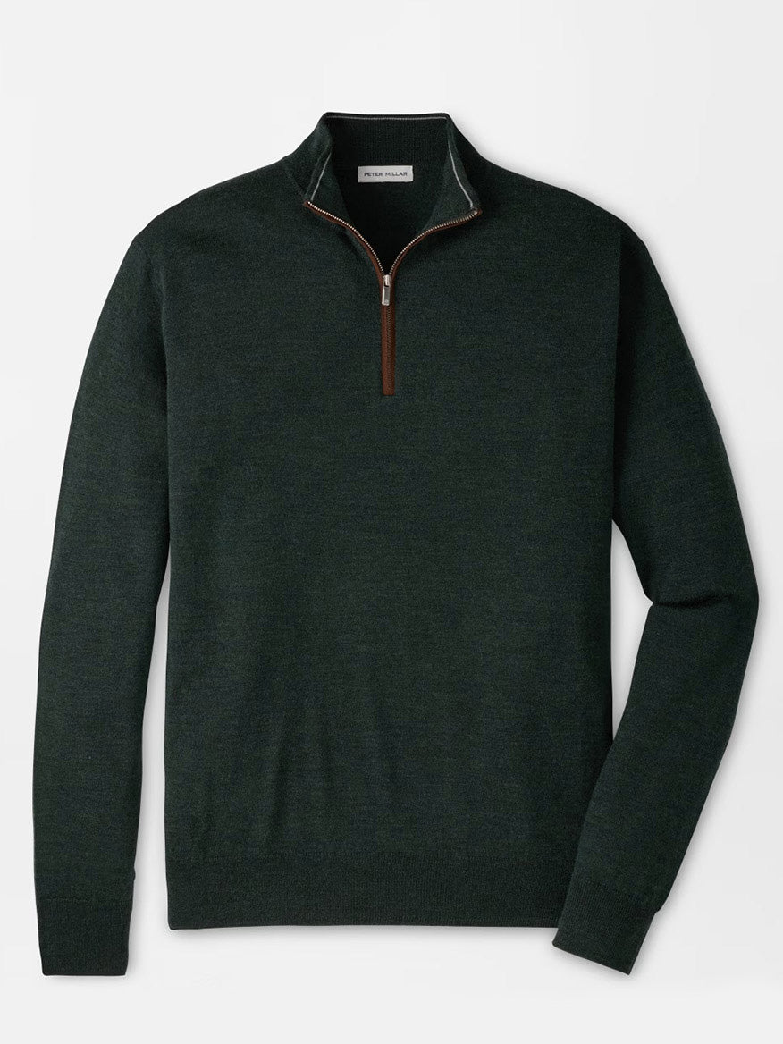 Peter Millar Autumn Crest Suede Trim Quarter-Zip in Pine Brook, a dark green Merino sweater in a classic fit, features a quarter-zip front with a brown zipper pull, long sleeves, and ribbed hem and cuffs. This lightweight sweater is displayed laid flat on a white background.