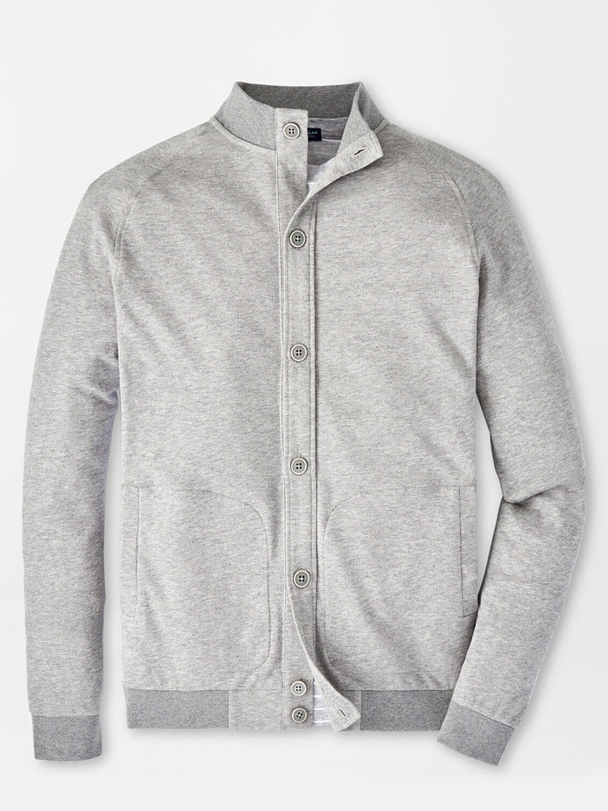 A versatile and casual Peter Millar Baldwin Button Front Knit Jacket in British Grey for men with buttons on the front.
