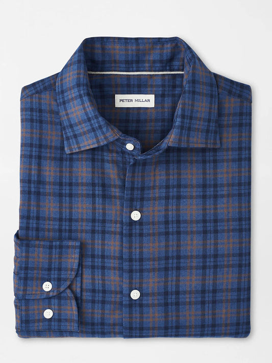 The Peter Millar Bar Harbor Performance Flannel Sport Shirt in Blue Haze is a soft, blue and brown plaid long-sleeve with white buttons—ideal for fall comfort and style.