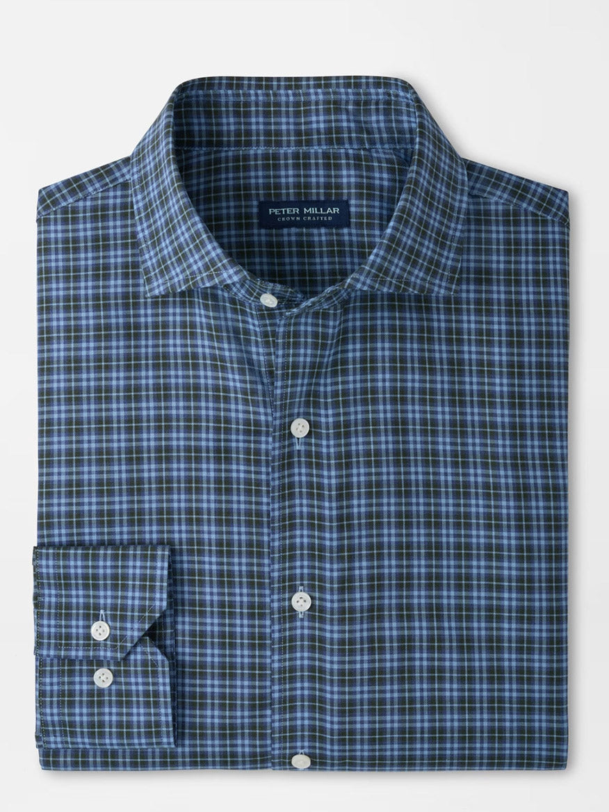Peter Millar Bernard Cotton Sport Shirt in Windy Blue, a tailored fit button-up with long sleeves, features a blue, green, and white plaid pattern and white buttons. Crafted from cotton poplin and displayed on a plain background.