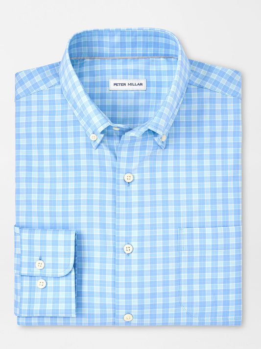 A folded Peter Millar Bethel Crown Lite Cotton-Stretch Sport Shirt in Cottage Blue.