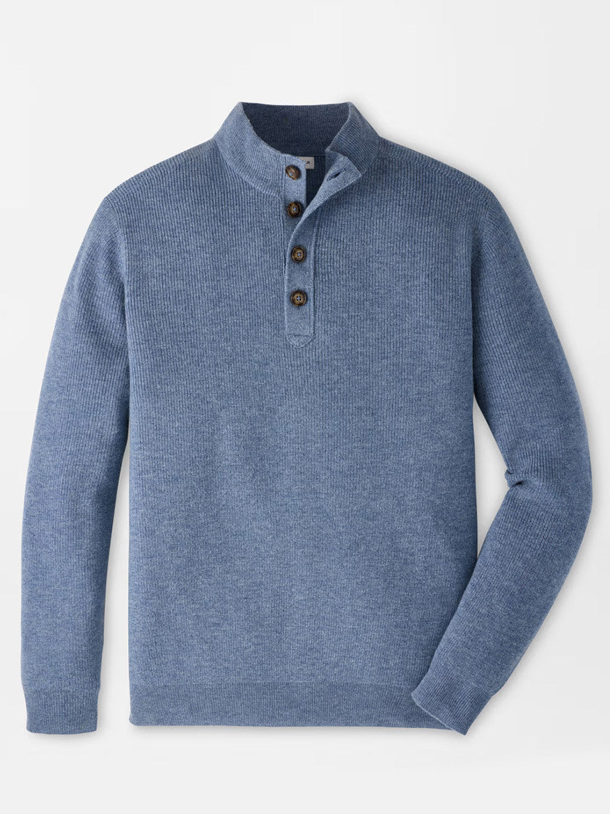 Peter Millar Blackburn Button-Mock Sweater in Summer Rain features a light blue ribbed Merino wool, stand collar, and four-button placket, shown flat on a white background.