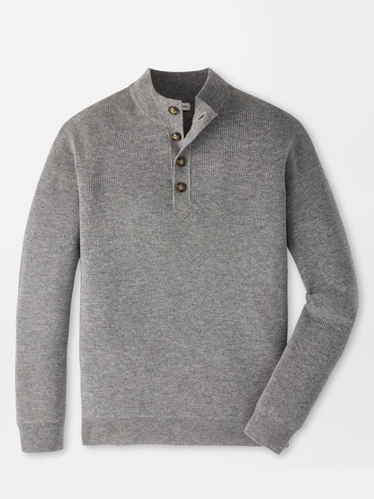 Peter Millar Blackburn Button-Mock Sweater in Oslo Grey featuring a grey cashmere blend long-sleeve design with a mock neck and a three-button placket in a classic fit.