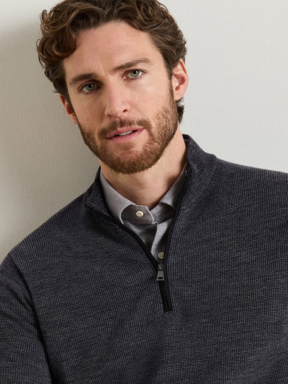 A man wearing a charcoal Peter Millar Blair Birdseye Quarter-Zip Sweater over a grey collared shirt.