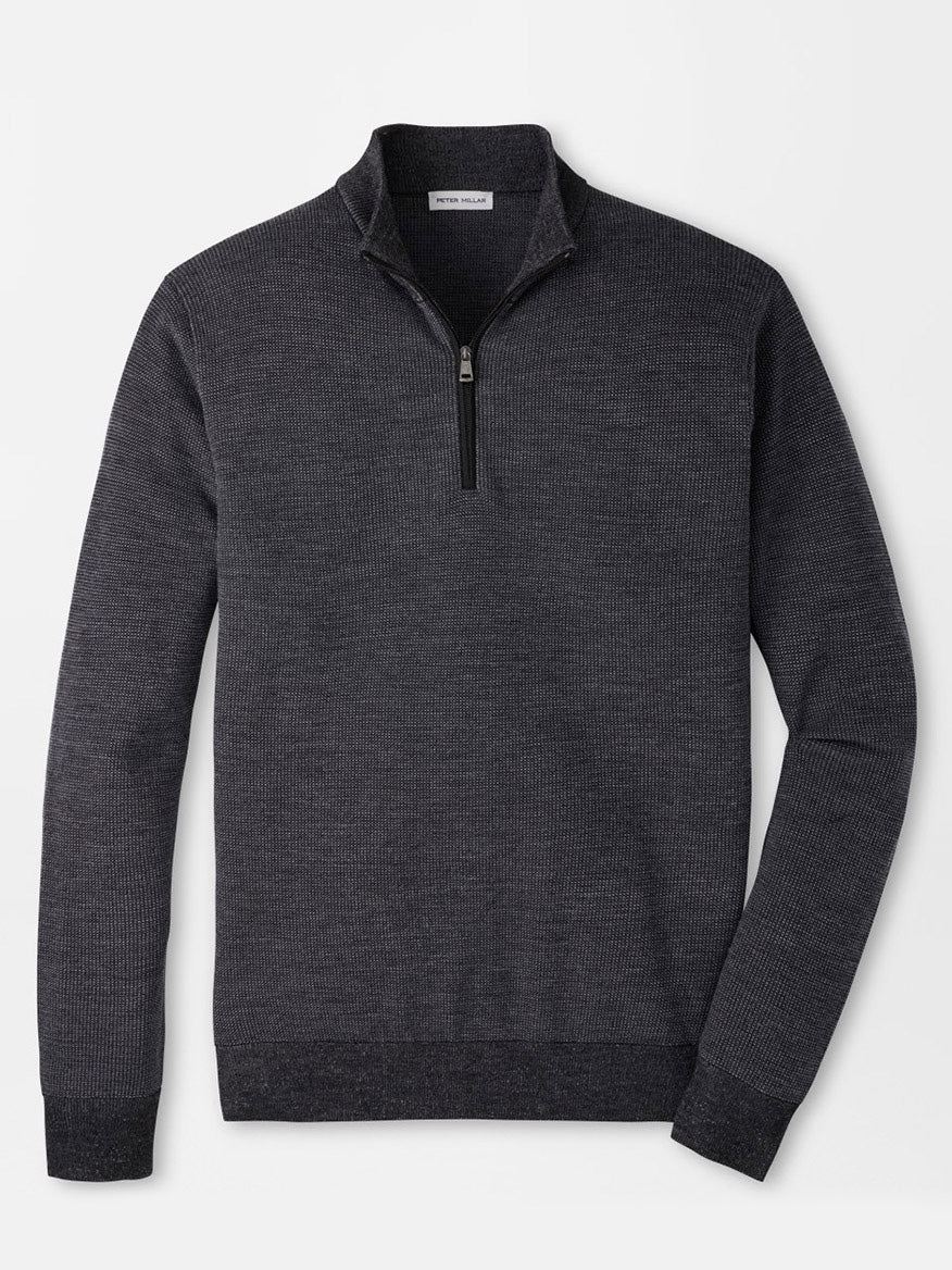 Peter Millar Blair Birdseye Quarter-Zip Sweater in charcoal grey merino wool with a textured birdseye stitch and ribbed cuffs.