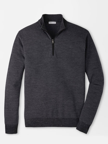 Peter Millar Blair Birdseye Quarter-Zip Sweater in charcoal grey merino wool with a textured birdseye stitch and ribbed cuffs.