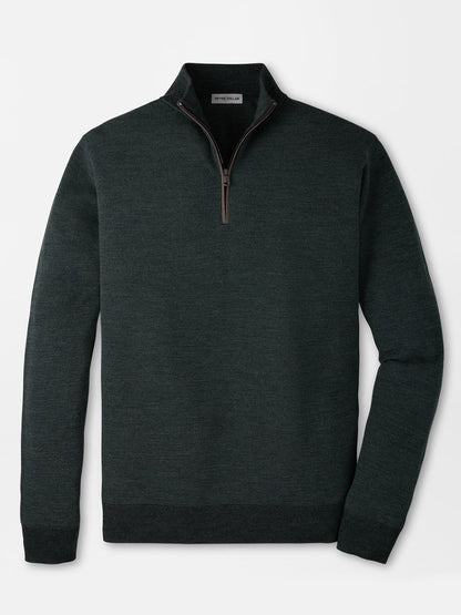 Peter Millar Blair Birdseye Quarter-Zip Sweater in Pine Brook, a dark green classic fit sweater in a birdseye stitch with a brown zipper trim and a high collar.