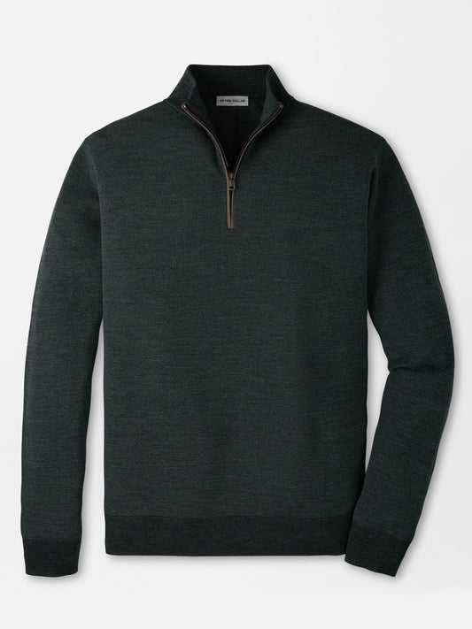 Peter Millar Blair Birdseye Quarter-Zip Sweater in Pine Brook, a dark green classic fit sweater in a birdseye stitch with a brown zipper trim and a high collar.