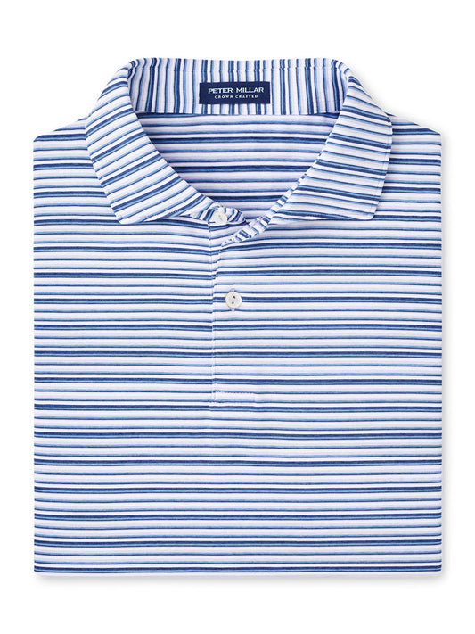 The Peter Millar Cadence Performance Jersey Polo in Lavender Moon boasts a four-way stretch jersey material and features a visible label at the neckline, styled with blue and white stripes.