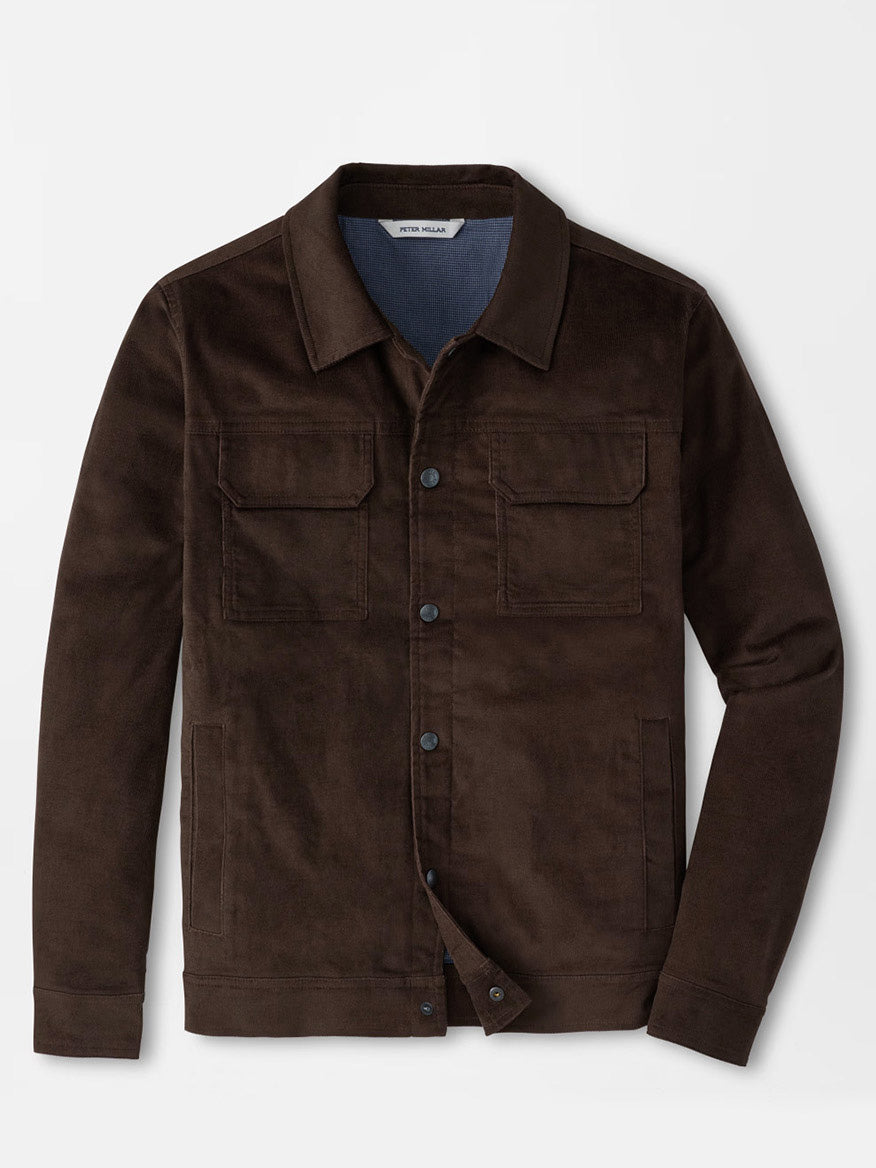 The Peter Millar Camden Corduroy Jacket in French Press is a dark brown suede corduroy trucker jacket featuring a collar, button-up front, classic fit, two chest flap pockets, and two side pockets—perfect for lightweight layering—displayed on a plain white background.