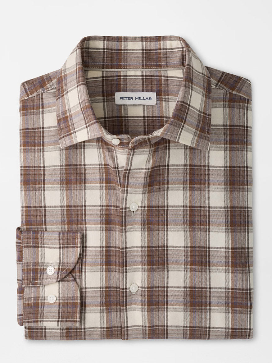 Peter Millar Cannon Performance Flannel Sport Shirt in Winter Ivory, a lightweight flannel with an ivory, brown, and tan plaid pattern, long sleeves, and a button-down front.