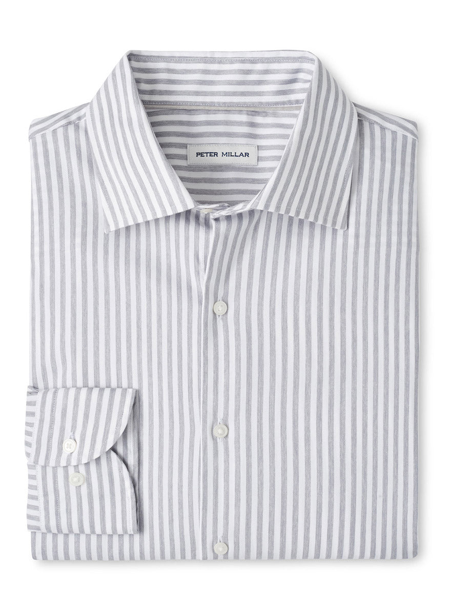 The Peter Millar Cannon Crown Lite Cotton-Stretch Sport Shirt in Gale Grey features grey and white vertical stripes, long sleeves, a button-up front, and easy-care twill fabric for stylish convenience. Label: "Peter Millar.