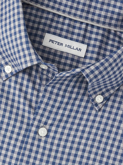 Close-up of a Peter Millar Conway Crown Lite Cotton-Stretch Sport Shirt in Gale Grey, featuring a visible label inside the collar and crafted in easy-care cotton-stretch fabric for a classic fit.