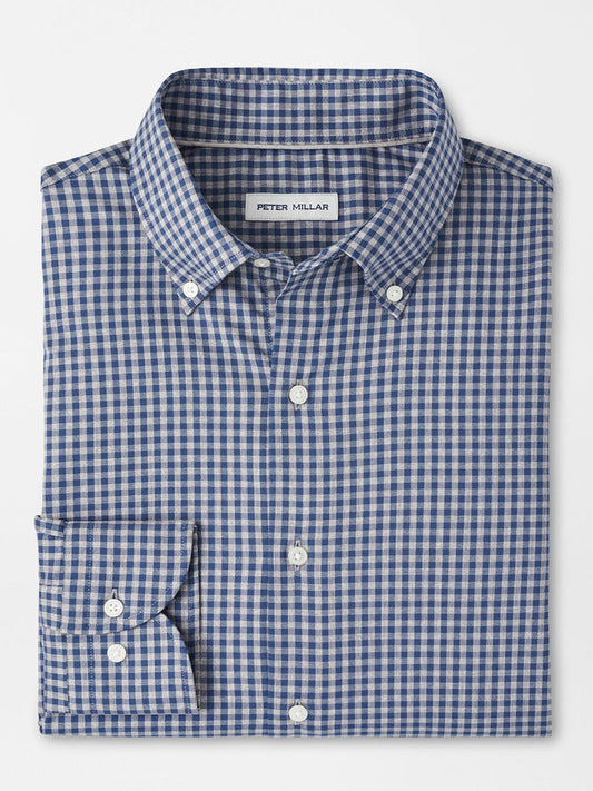A neatly folded Peter Millar Conway Crown Lite Cotton-Stretch Sport Shirt in gale grey, with a visible "Peter Millar" label on the collar.