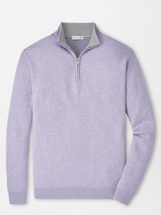 The Peter Millar Coolspun Lite Cotton Quarter-Zip Sweater in Light Violet features a lightweight knit, stand-up collar, and ribbed cuffs and hem, shown laid flat on a plain white background.