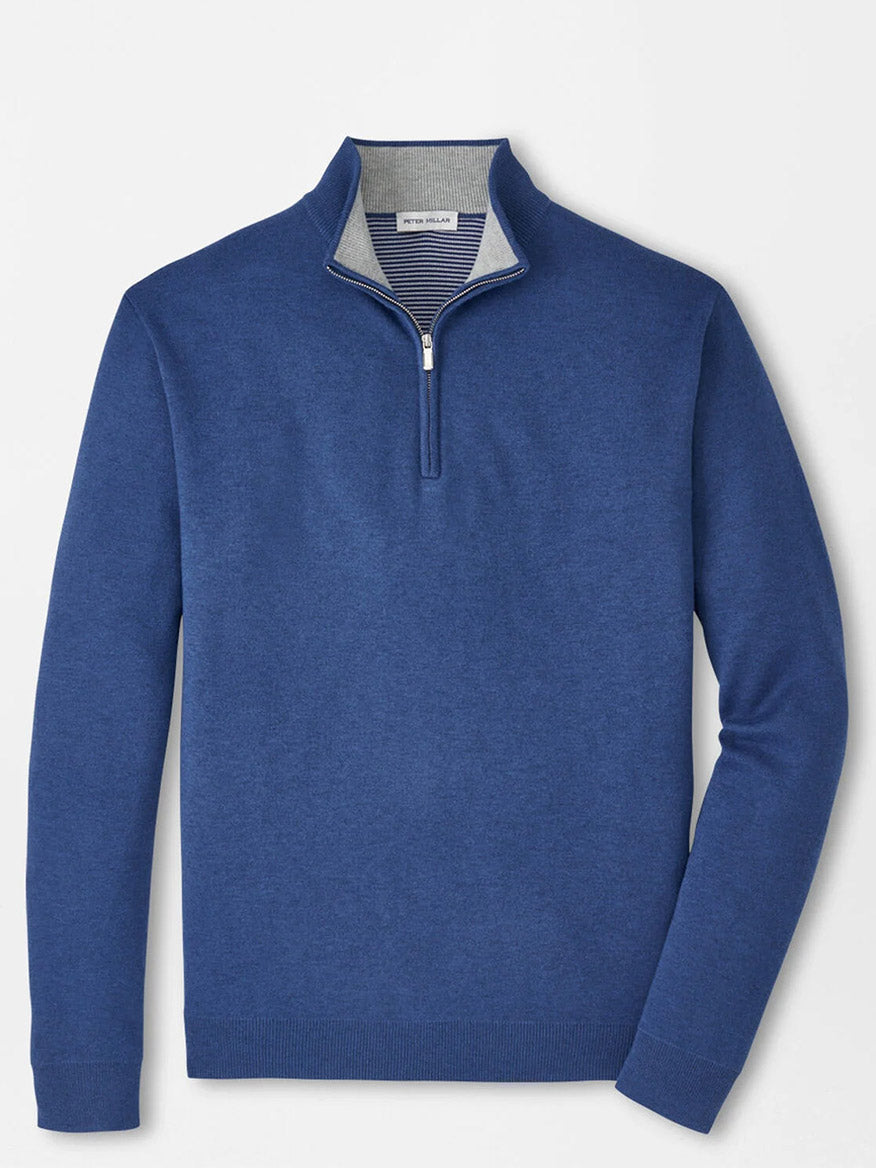 The Peter Millar Coolspun Lite Cotton Quarter-Zip Sweater in Windsor Blue features a stand collar and classic fit, showcased against a plain white background.