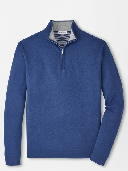 The Peter Millar Coolspun Lite Cotton Quarter-Zip Sweater in Windsor Blue features a stand collar and classic fit, showcased against a plain white background.