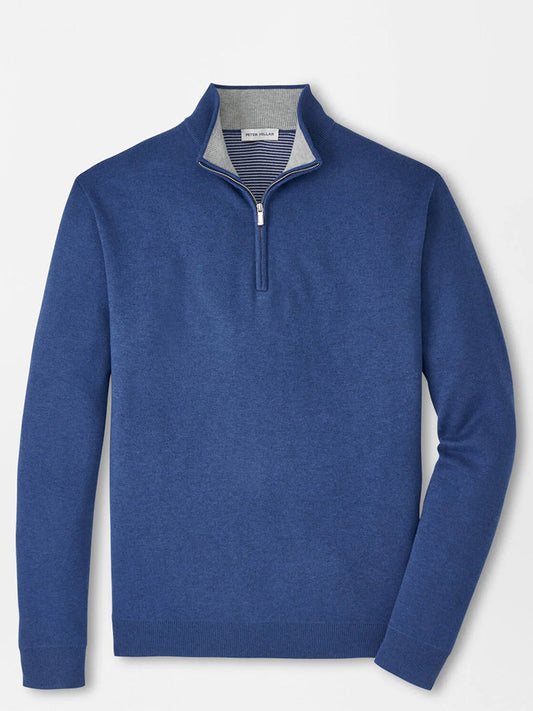 The Peter Millar Coolspun Lite Cotton Quarter-Zip Sweater in Windsor Blue features a stand collar and classic fit, showcased against a plain white background.