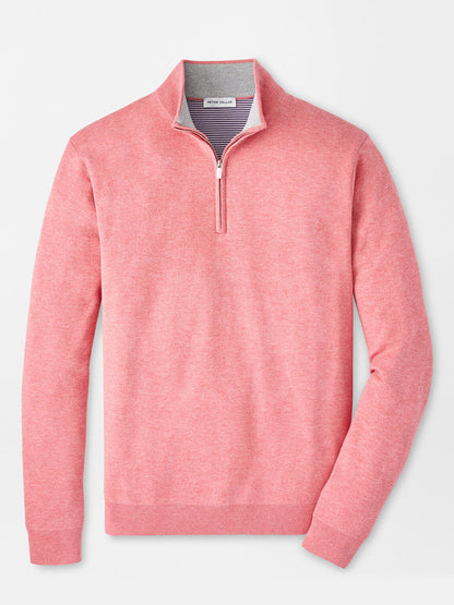 The Peter Millar Coolspun Lite Cotton Quarter-Zip Sweater in Venetian Pink, featuring long sleeves, a classic fit, stand collar, and ribbed cuffs and hem, is laid flat on a white background.